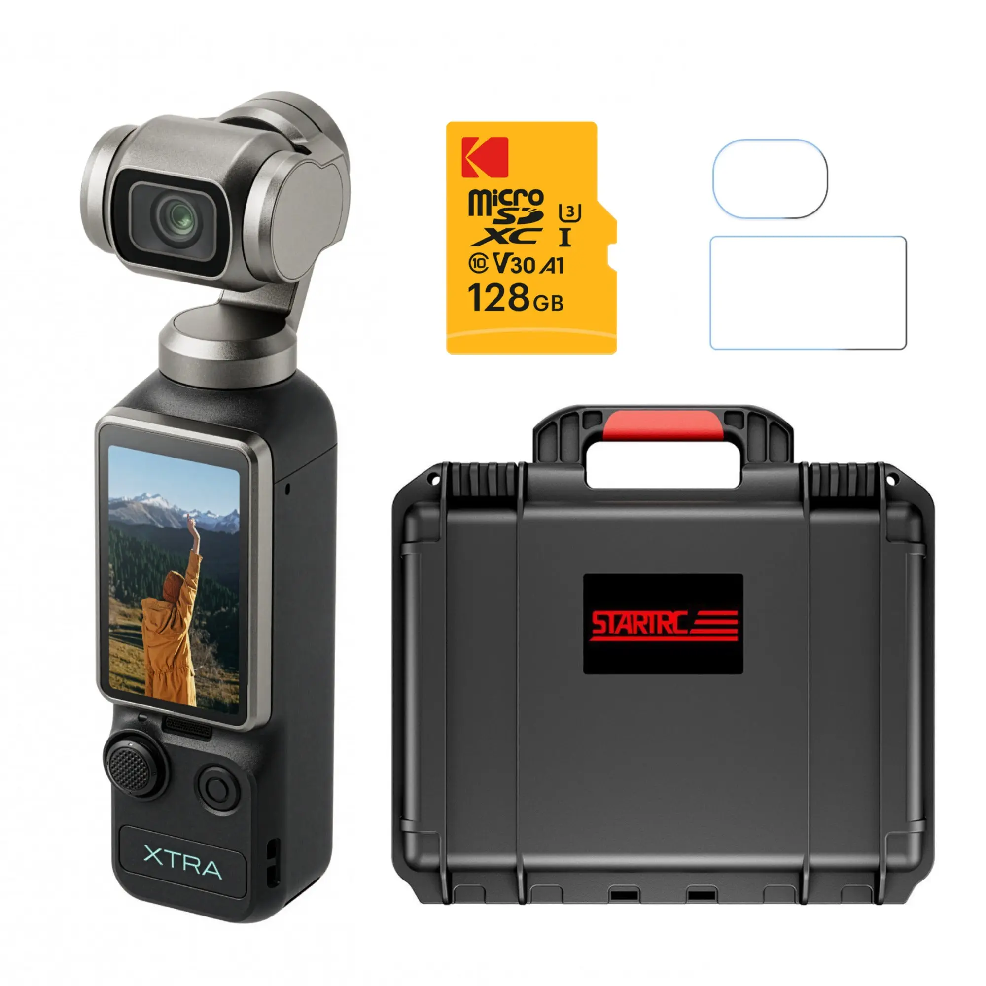 Xtra Edge Muse Gimbal Action Camera Bundle with 128GB MicroSD Card, Portable Design, Durable Build, Audio Receiver, and Accessories