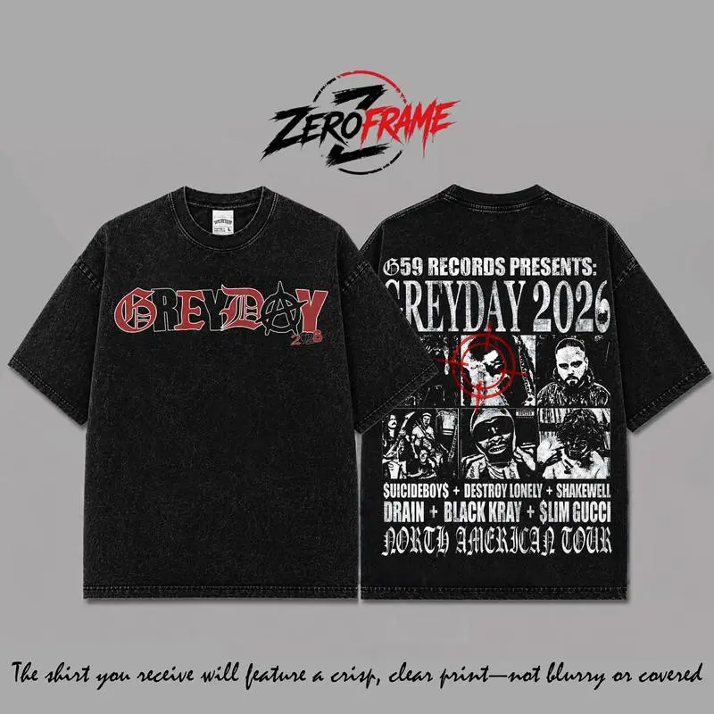 Greyday 2026 Black Washed T-Shirt Ver 3, Grey Day 2026 North American Tour Tee, G59 Destroy Lonely Graphic Top, Retro Hip Hop Rap Merch