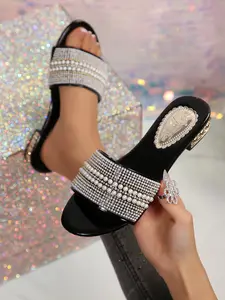 Women's Black Pearl Rhinestone Decor Square Toe Low Heel Slide Sandals, Luxury Evening-Chic Style, Glamorous Party Slides  #LuxuryEveningShoes, #PearlRhinestoneSlides, #GlamorousChicPartySlides