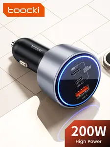 Toocki 200w Aluminum Alloy Car Charger, Three Ports Dual Type C USB, Quick Charge 4.0 Pps, High Power Car Phone Charger with Lamp