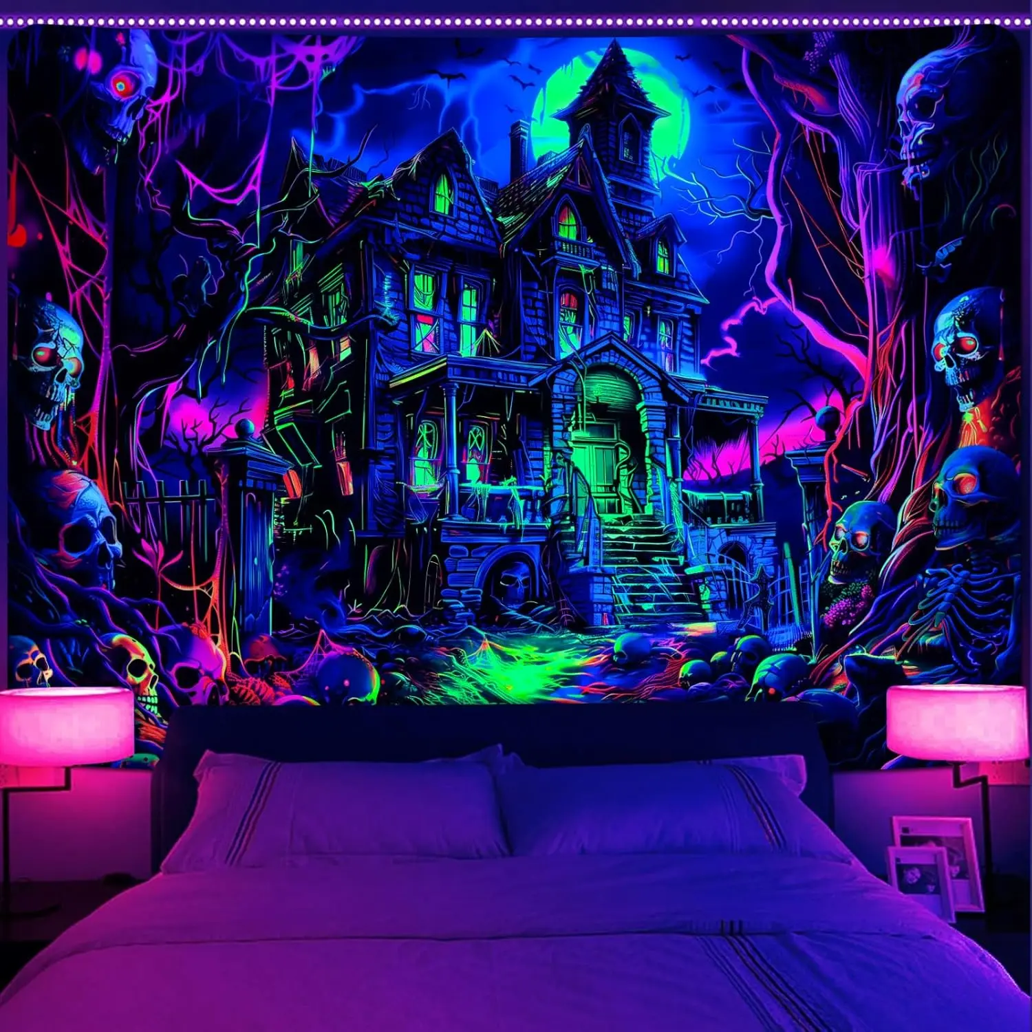 Blacklight Halloween Tapestry Castle and Moon Tapestries UV Reactive Skeleton Halloween Tapestry Wall Hanging Skull Horror Tapestry for Bedroom, Livingroom(51.2 * 59.1 inches)