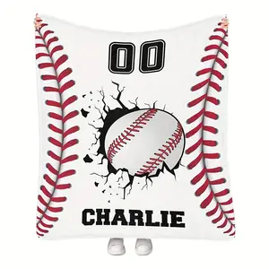 [Customizable] 1pc Creative Baseball Custom Name And Number Blanket, for Sofa, Bed, Travel, Camping, Living Room, Office - Machine Washable, Modern Style, All-Season Multi-Purpose, Hypoallergenic, 100% Fabric