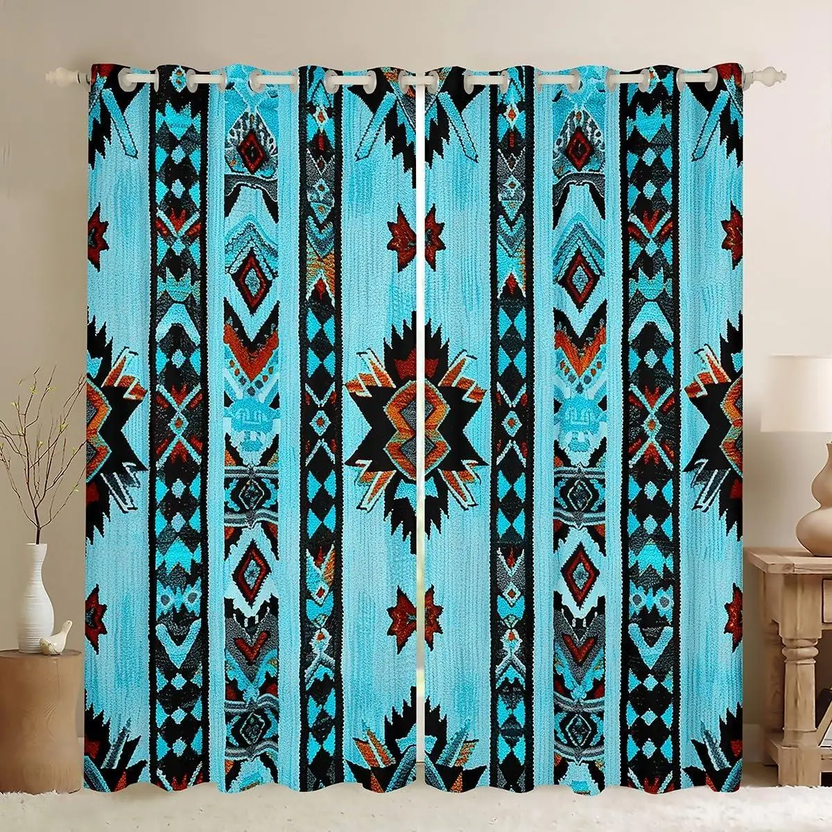 Blue Southwestern Darkening Drapes Geometric Curtains Living Room Tribal Style Native American Indian Blackout Curtains Stripe Line Window Treatment