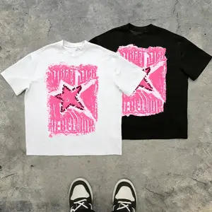 Mens dark street‑style pink star distressed brushstroke Y2K graphic 100%25 cotton T‑shirt. TikTok 2025 trend—loose oversize urban punk streetwear casual short sleeve. A must‑buy under $10., Fashion, Top