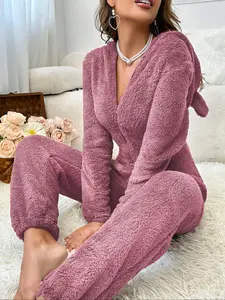 Autumn Winter New Women's Hooded Plush Onesie Pajamas, Cute Ear Decoration, Cozy One-Piece Sleepwear, Ladies Nightwear