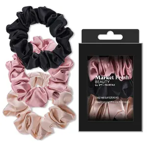 Market Fresh Beauty Silk Hair Scrunchies, 3-Pack - Soft Pink, Beige & Black, Prevents Breakage & Crease-Free Styling