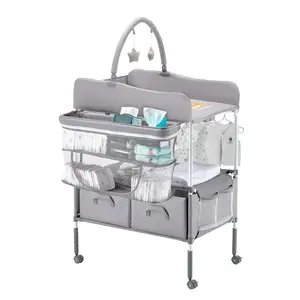 【FathersDayGift】VEVOR Baby Changing Table, Foldable Diaper Change Station with 2 Fabric Drawers, Side Basket & Hanging Rod, Adjustable Height Portable Changing Table with Lockable Wheels & 2 Star Toys, Light Gray