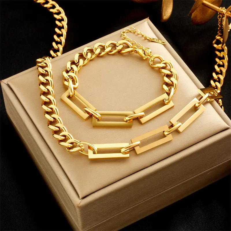 Bracelet Necklace Set, Thick Chain Fashion Metal Stainless Steel Style High-End Thick Chain Heavy Craft Bracelet Collarbone Chain Jewelry Set