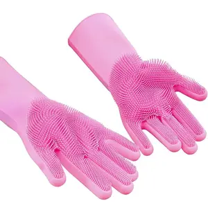 1Pair Dishwashing Cleaning Gloves Magic Silicone Rubber Dish Washing Gloves, Heat Resistant Long Dishwashing Scrubber Safety Gloves Heavy Duty With Cufffor Household Sponge Scrubber Kitchen Cleaning Tools With Hooks