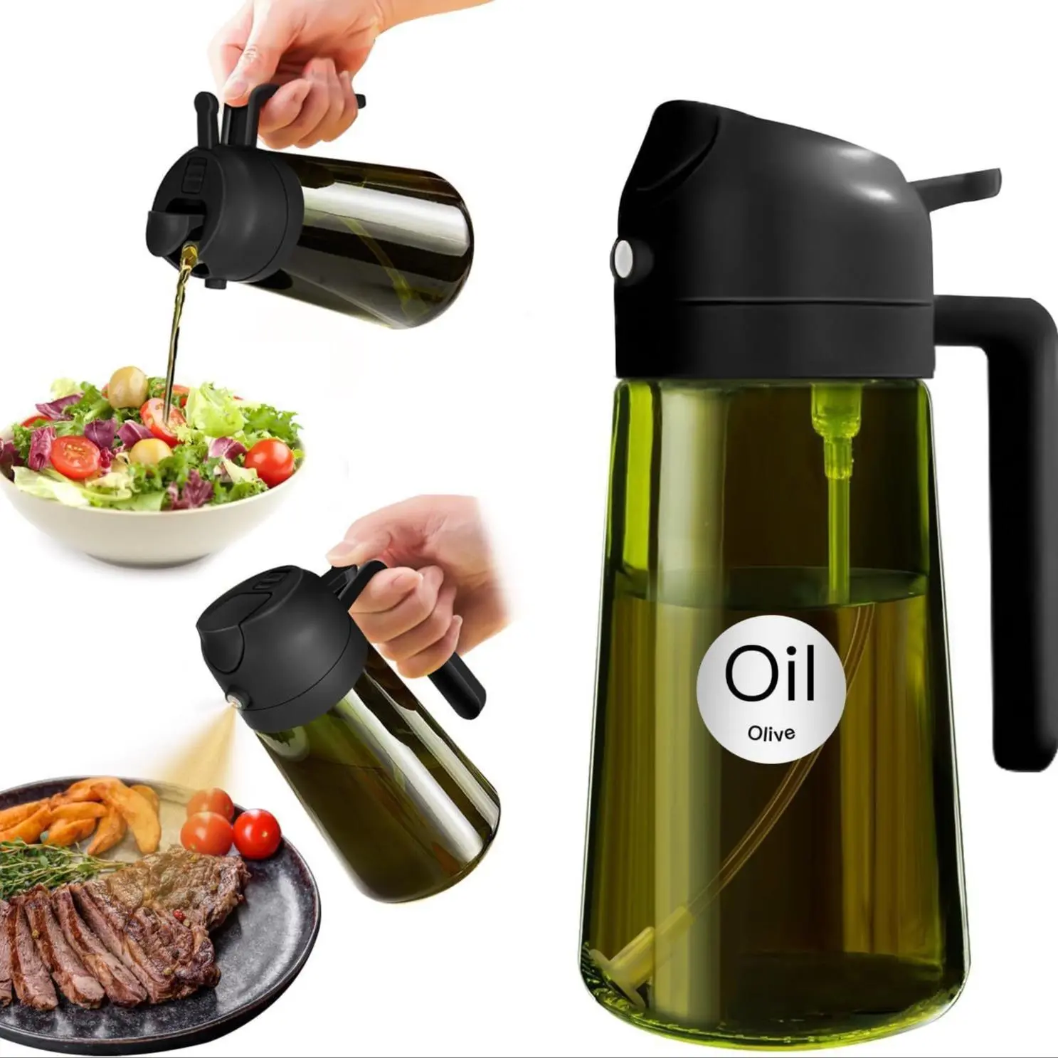 470ML 2-in-1 Leakproof Refillable Oil Sprayer & Dispenser, Cooking Oil Container, Kitchen gadgets, Food Grade Olive Oil Cruet UV Protection Glass Bottle for Air Fryer Grill Kitchen Cooking Salad Baking Roasting Camping Picnic Home Restaurant BBQ