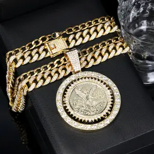 2Pcs Mexican 50 Pesos Centenario Gold Coin Pendant with Cuban Chain Set, Hip Hop Style Everyday Jewelry for Men Women, Perfect Easter Christmas Valentine's Day Gift for Parties & Special Occasions – Wear Year Round