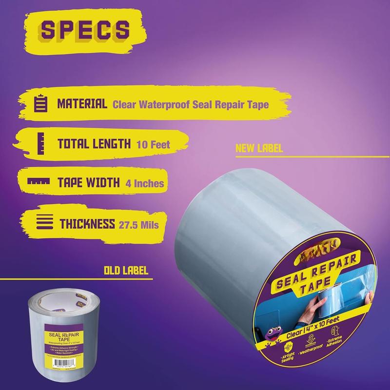 Waterproof Patch and Seal Tape, Clear, 4 Inches x 10 Feet, Water Barrier Tape for Stop Leak Repair on Pipes, Chimney, Roof, Boat, and HVAC Waterproof Patch and Seal Tape, Clear, 4 Inches x 10 Feet, Water Barrier Tape for Stop Leak Repair on Pipes, Chimney, Roof, Boat, and HVAC