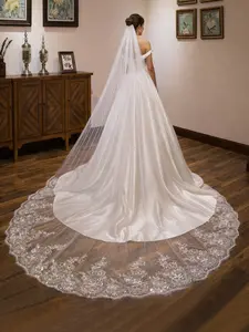 A Stylish Elegant & Luxurious Wedding Veil for Brides One Layer, Sequins Lace Edge Appliqués Design with a Comb, Perfect for Cathedral Wedding Gowns, Outdoor Lawn Weddings