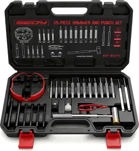25-Piece Premium Pin Punch Hammer Tool Kit with Bench Block, Steel Roll Pin Punches, Replaceable-Face Hammer for Mechanical Maintenance & Repair