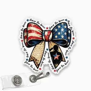Honor the Brave Military Bow Badge Reel, 4th of July Memorial Acrylic Retractable ID Holder with Clip, Patriotic Gift for Nurse Doctor Student P00