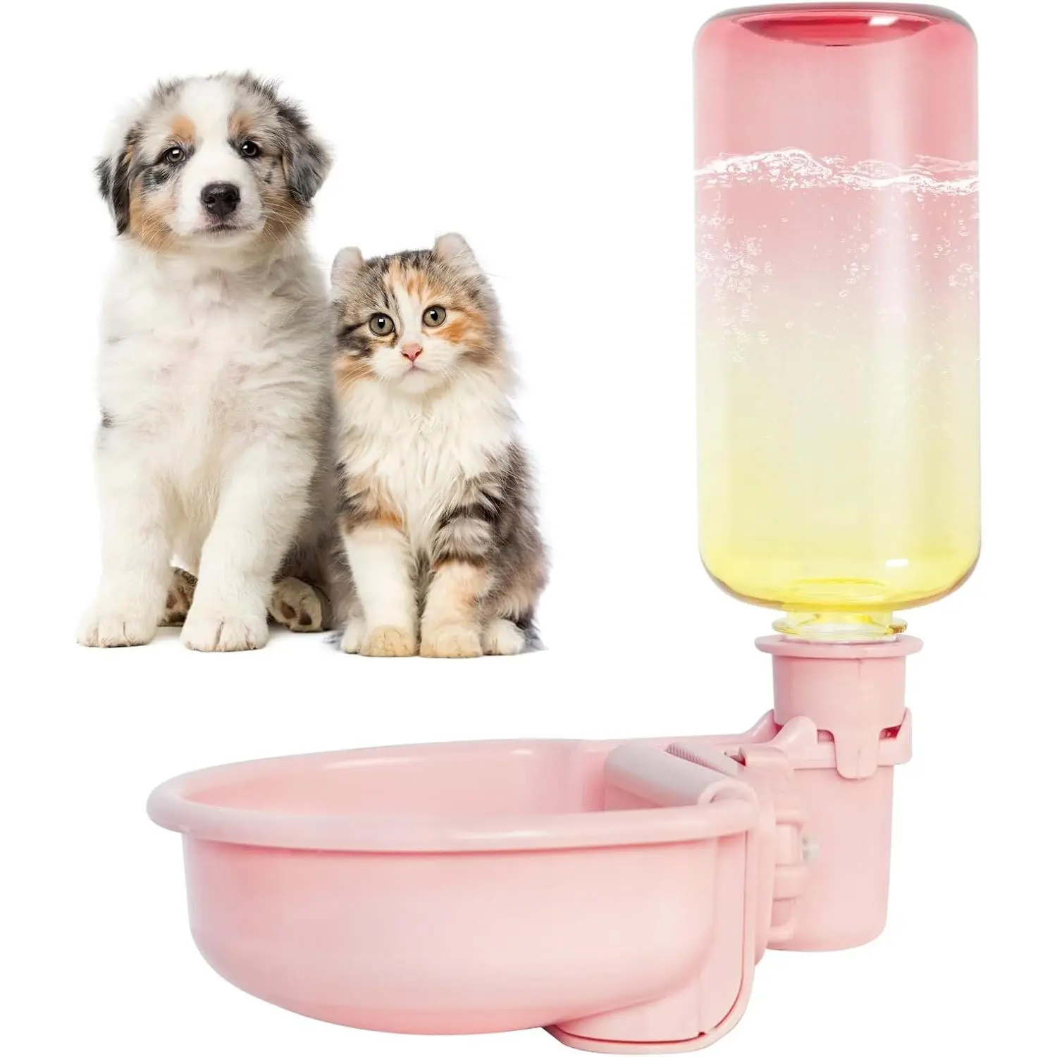 16oz Pet Water Bottle, Gravity Dog Water Bowl Dispenser for Cage, Anti-Overflow Water Dispenser for Small Dogs, Cats, Rabbits and Other Small Animals, BPA Free, Gradient Pink