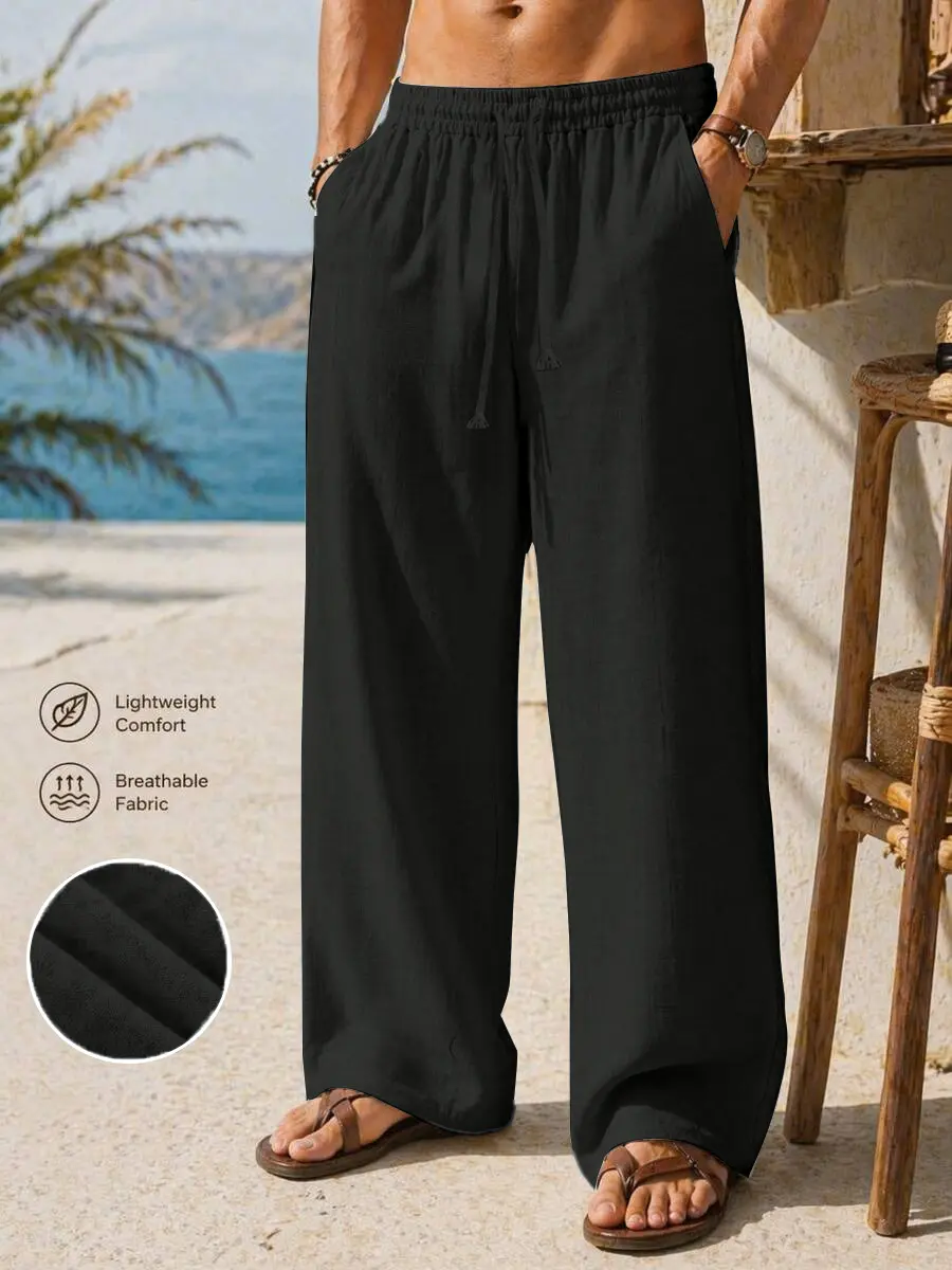 Menswear Linen-Blend Stylish Wide-Leg Casual Long Trousers, Elastic Drawstring Waist, Loose Straight Cut with Fluid Drape, European-American Beach Vacation Vibe, Pocket-Equipped for Commuting & Outings