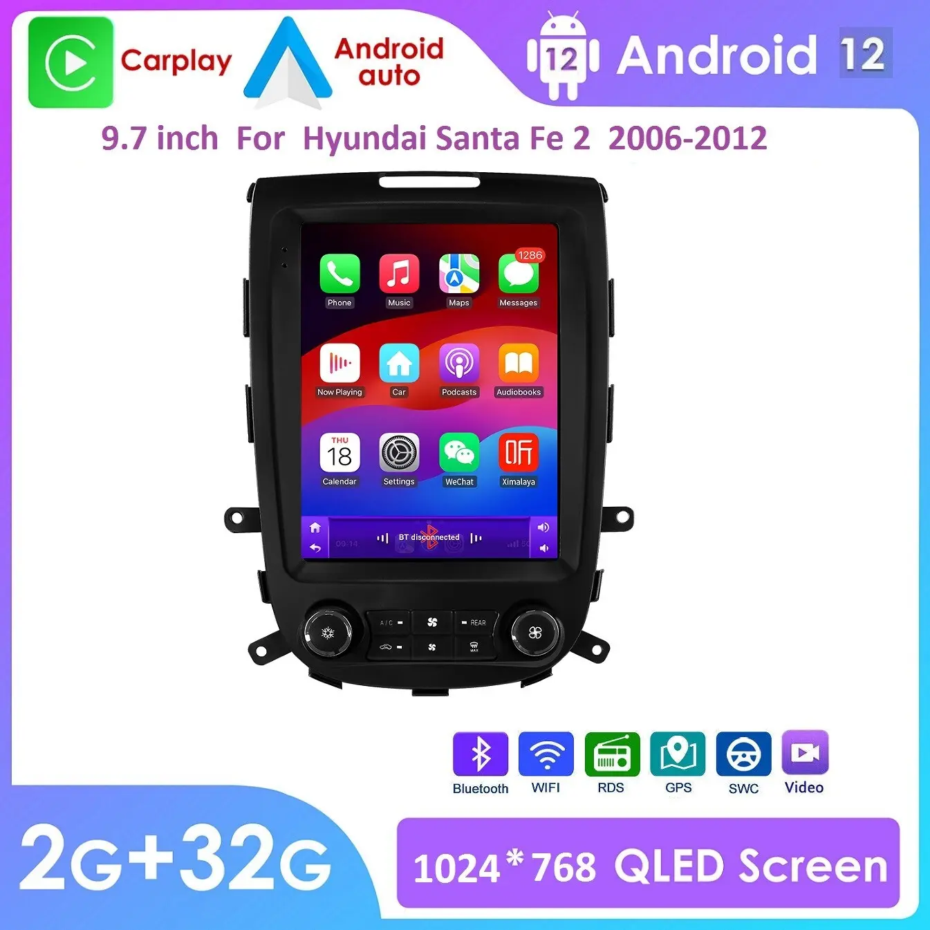 Hizpo 9.7-in Tesla-Style 2Din Android 13 Car Radio - Allwinner A100 1.5GHz*4 Quad-Core CPU, 32GB Memory, GPS, CarPlay Touchscreen, Backlit, Mirror Link, In-Car Media Player for Hyundai Santa Fe 2 2006-2012, 9.7 Inch