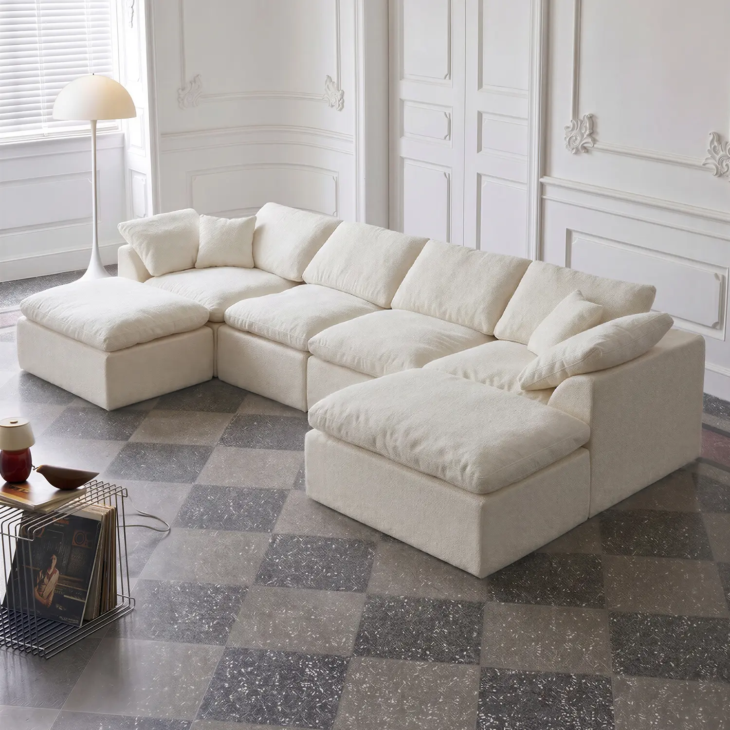 Modern U-Shaped Cream Chenille Modular Cloud Sectional Sofa, Vacuum Compressed Pack & No Assembly Oversized Living Room Couch, Boneless Soft Cushion Modular Sofa with 2 Ottomans