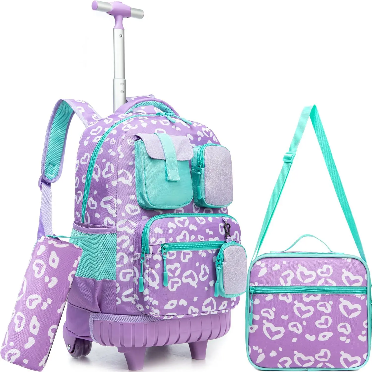 Girls 3-Piece Rolling Backpack Set, Aesthetic Purple Leopard-Heart Nylon Trolley with Adjustable Handle and Rolling Wheels, Includes Lunch Box & Pencil Case for a Back to School Haul, Zip, Chic, Campus Life