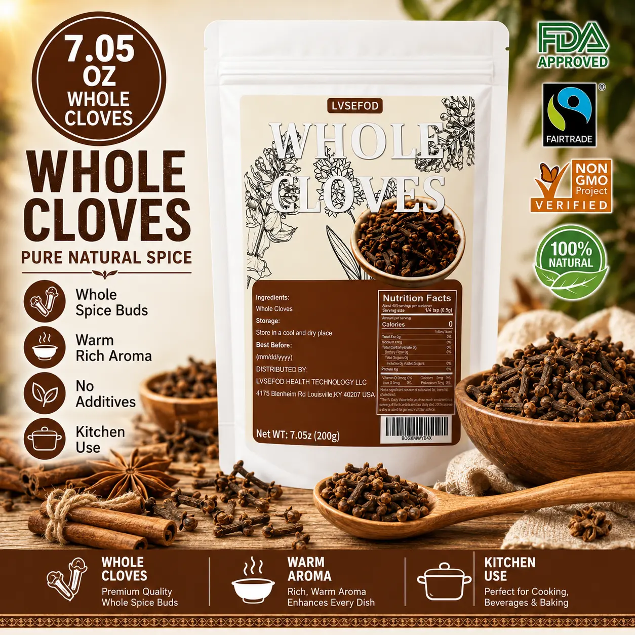 LVSEFOD Whole Cloves, 7.05 oz / 200g, Whole Clove Spice Buds, Aromatic Kitchen Spice for Cooking, Baking, Tea, Curry, Marinades, Stews and Desserts