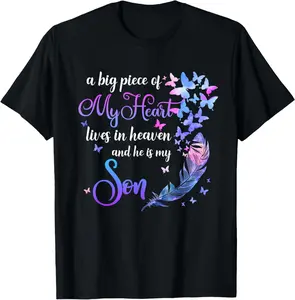 100% Cotton My Son Lives In Heaven Memorial Quotes Love Mom Dad Matching T-Shirt