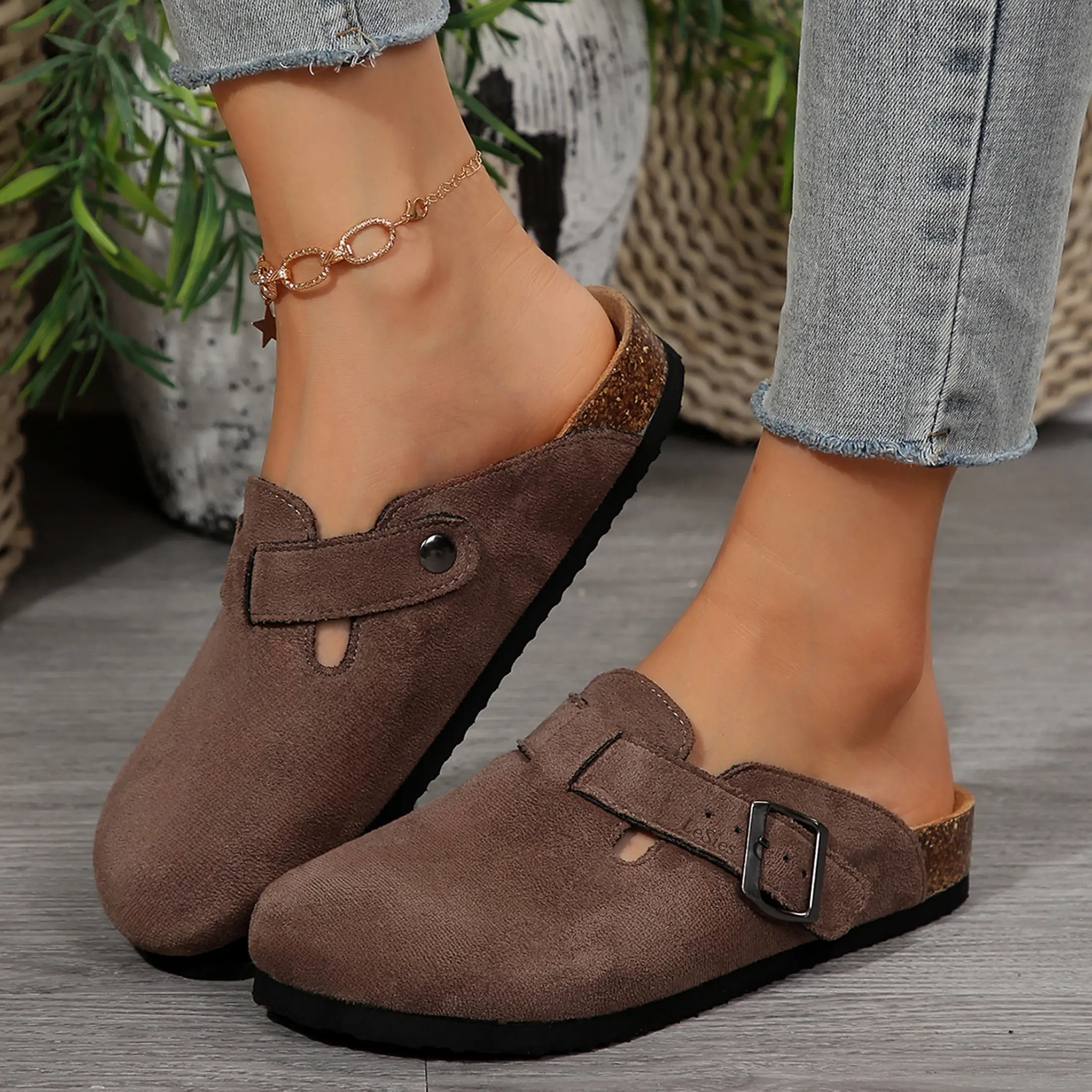 Women's Slippers Clogs Cork Footbed Suede Light Slippers Potato Shoes with Adjustable Buckle