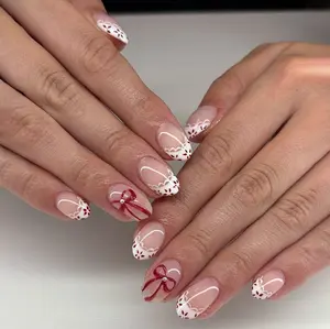 S271 Classic Christmas Lace Bow Press-On Nails, Red Ribbon 3D Accents, White Scallop French Tips with Festive Dot Florals, Handcrafted Holiday Nail Set, Solana Nails Town