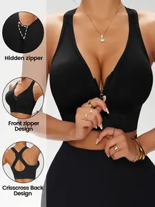 Women's Sports Bra Front Zipper, Cross Back Fitness Yoga Tank Top, Breathable Sweat Absorbing Padded Support, Running Aerobic Sportswear