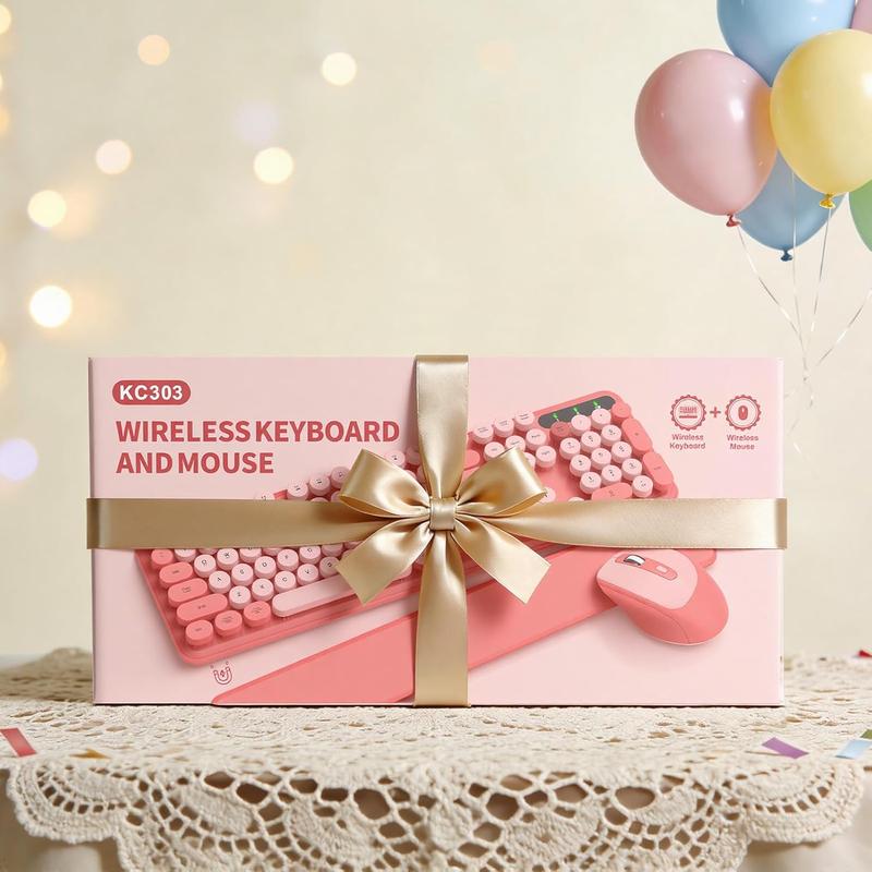 Wireless Keyboard and Mouse Combo, Typewriter Keyboard with Detachable Wrist Rest, Full-Size Retro round Keycaps, Smart-Sleep, 2.4Ghz Stable Connection for Mac/Windows/Pc, Trueque(Blush Pink)