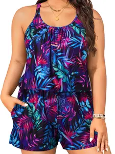 【Plus Size】Women's High Stretch Casual Fashion Racerback Ruched Front Swim Top & Shorts Romper with Side Pockets, Tropical Palm Print Swim Romper, Modest Curvy Swimwear for Beach Vacation