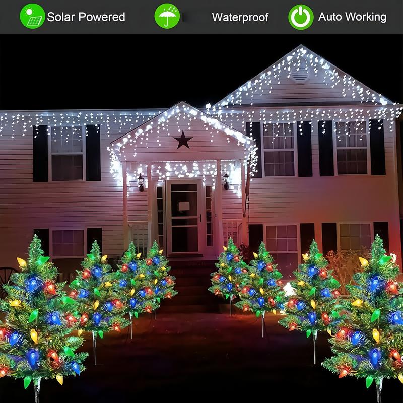 Product Introduction of 1 Tow 4 Solar Christmas Tree Lights. Includes 80 colorful strawberry bulbs, IPX4 waterproof, suitable for outdoor patio garden decorations for festivals, driveways and Christmas parties! 9