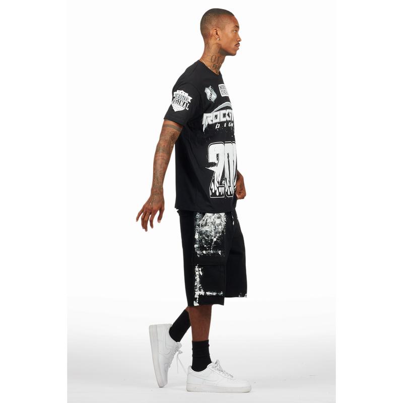 Amos Black/White T-Shirt/Denim Short Set