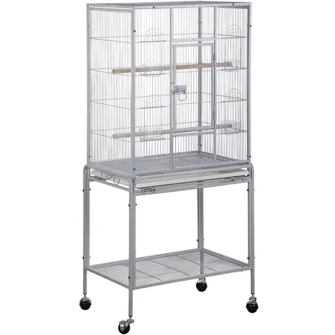 Segawe Durable Iron Rolling Bird Cage - 53.3" White Wrought Iron Unit, 25.2"(w)x16.5"(d)x53.3"(h), 4 Strong Swivel Casters, 2 Wood Perches, 4 Feeding Transparent Cups, Easy Cleaning, Extra Shelf Storage, Home Parrot Pet House