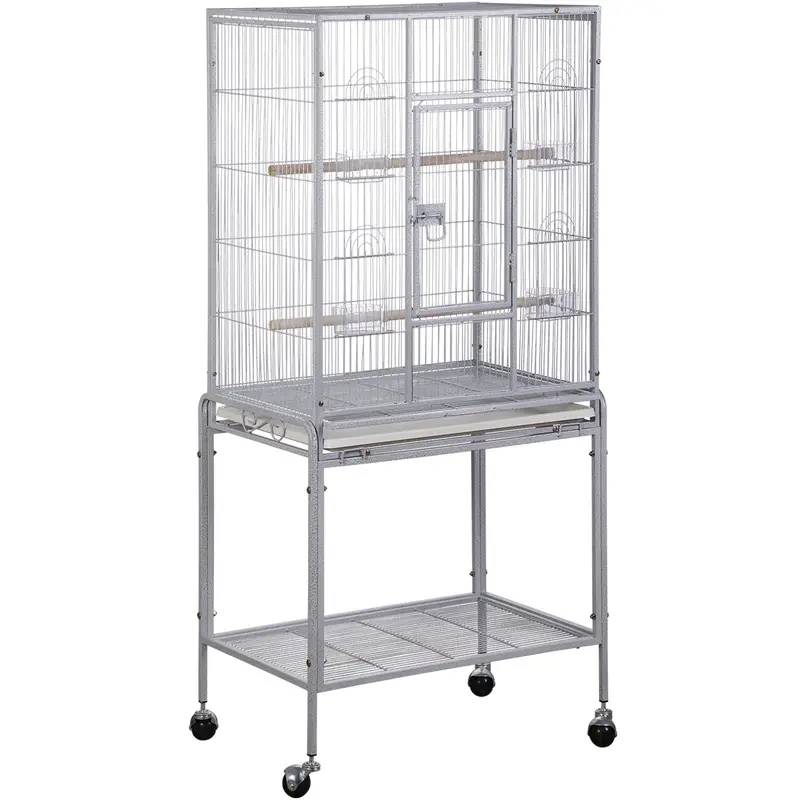 Segawe Durable Iron Rolling Bird Cage - 53.3" White Wrought Iron Unit, 25.2"(w)x16.5"(d)x53.3"(h), 4 Strong Swivel Casters, 2 Wood Perches, 4 Feeding Transparent Cups, Easy Cleaning, Extra Shelf Storage, Home Parrot Pet House