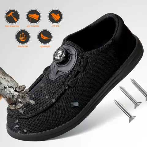 Unisex Minimalist Safety Footwear - Lightweight Breathable Nylon-Cloth Slip-On Shoes with Antimicrobial Polyester-Elastane Composite Round Toe, Swivel Buckle for Industrial Workers, All Seasons Use