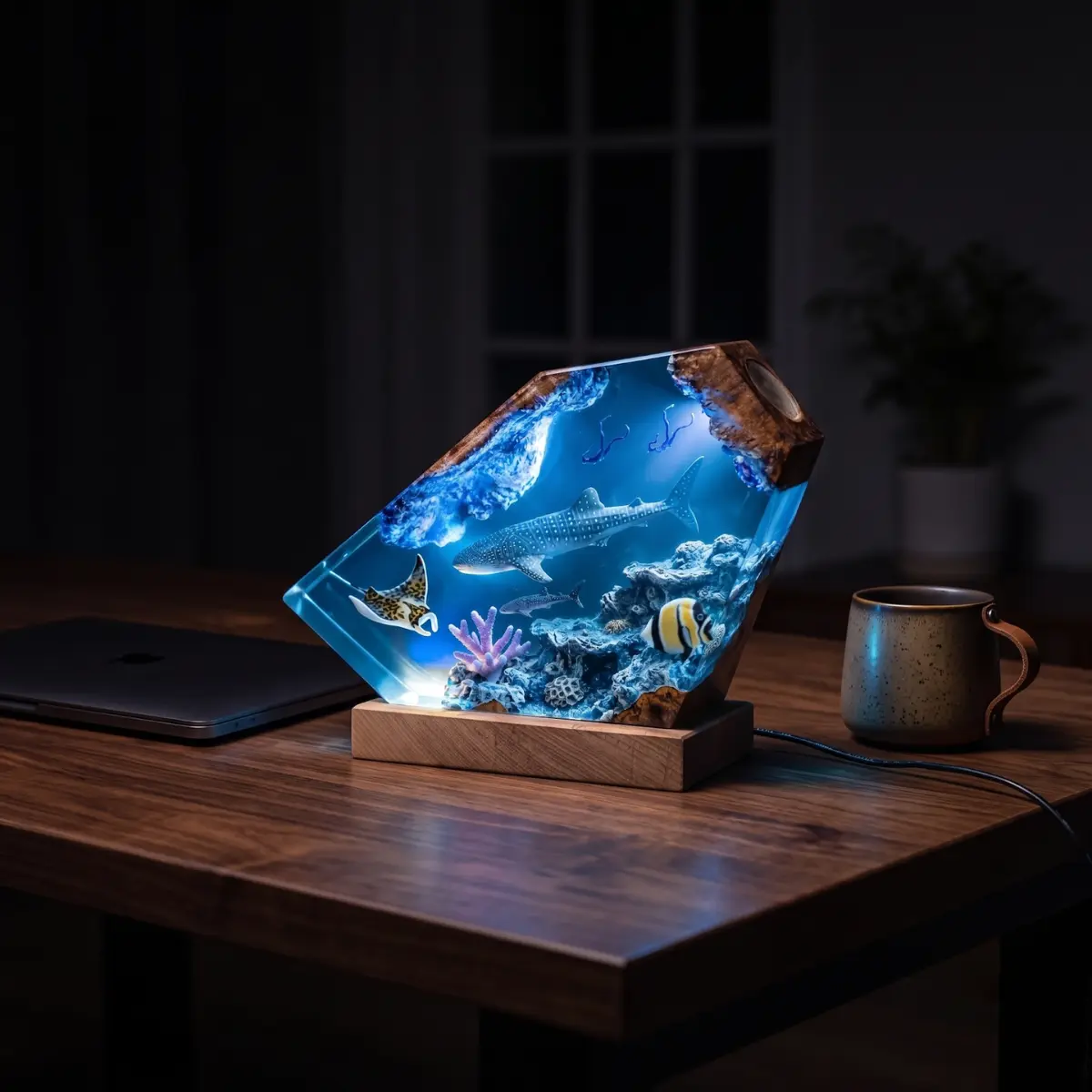 [Limited edition] [CV2] Whale Shark Resin Lamp, Ocean Epoxy Resin Night Light, Handmade Marine Life Diorama, Underwater Coral Reef Desk Lamp, Coastal Home Decor, Wooden Base Ambient Light, Unique Gift for Ocean Lovers