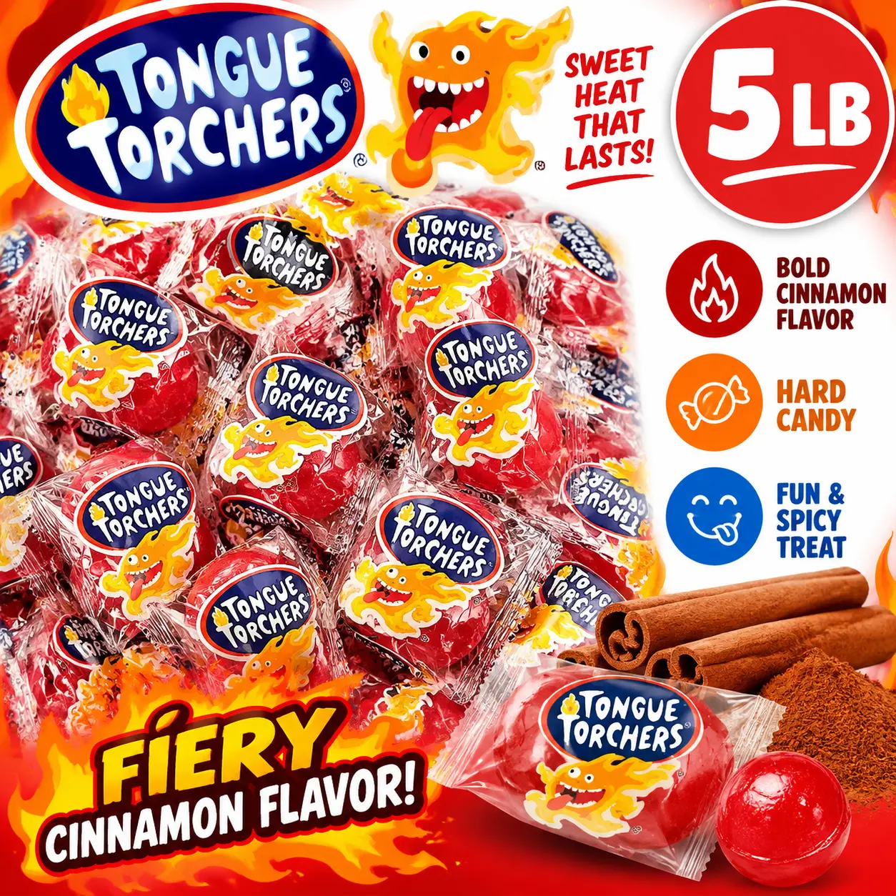Liberty Tongue Torchers Cinnamon Flavored Fire Hard Candy 5 lb Bulk Bag Spicy Cinnamon Candy