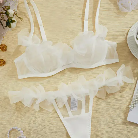 Women's Bow Decor Sexy Feminine Tulle Underwear Lingerie Set, Chic Elegant Sheer Push Up Bra & Thong, Lingerie Set for Women Lady Fit Bra Sets Clothing