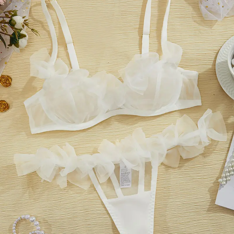 Women's Bow Decor Sexy Feminine Tulle Underwear Lingerie Set, Chic Elegant Sheer Push Up Bra & Thong, Lingerie Set for Women Lady Fit Bra Sets Clothing