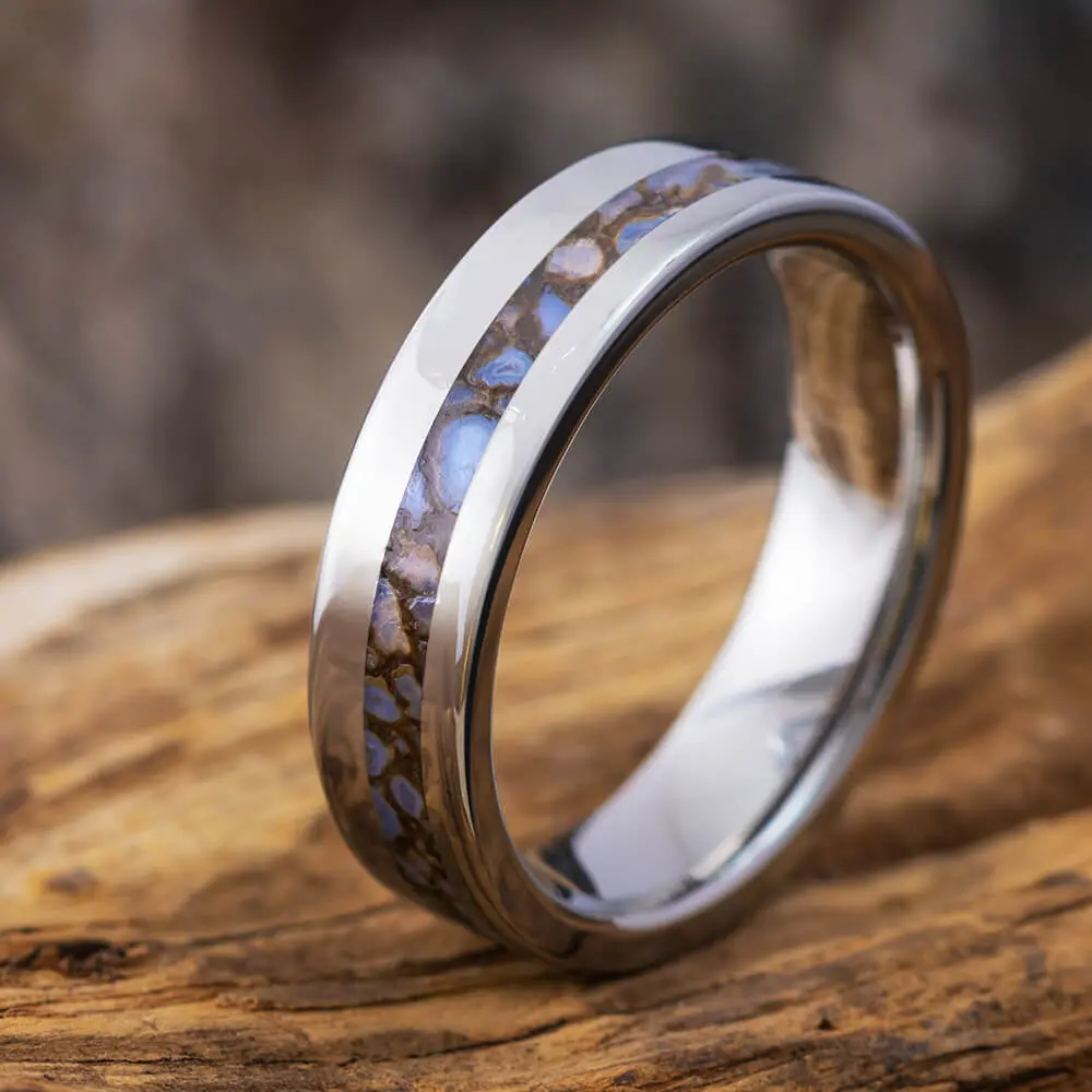 Unique Titanium Men's Wedding Band With Genuine Dinosaur Bone Inlay