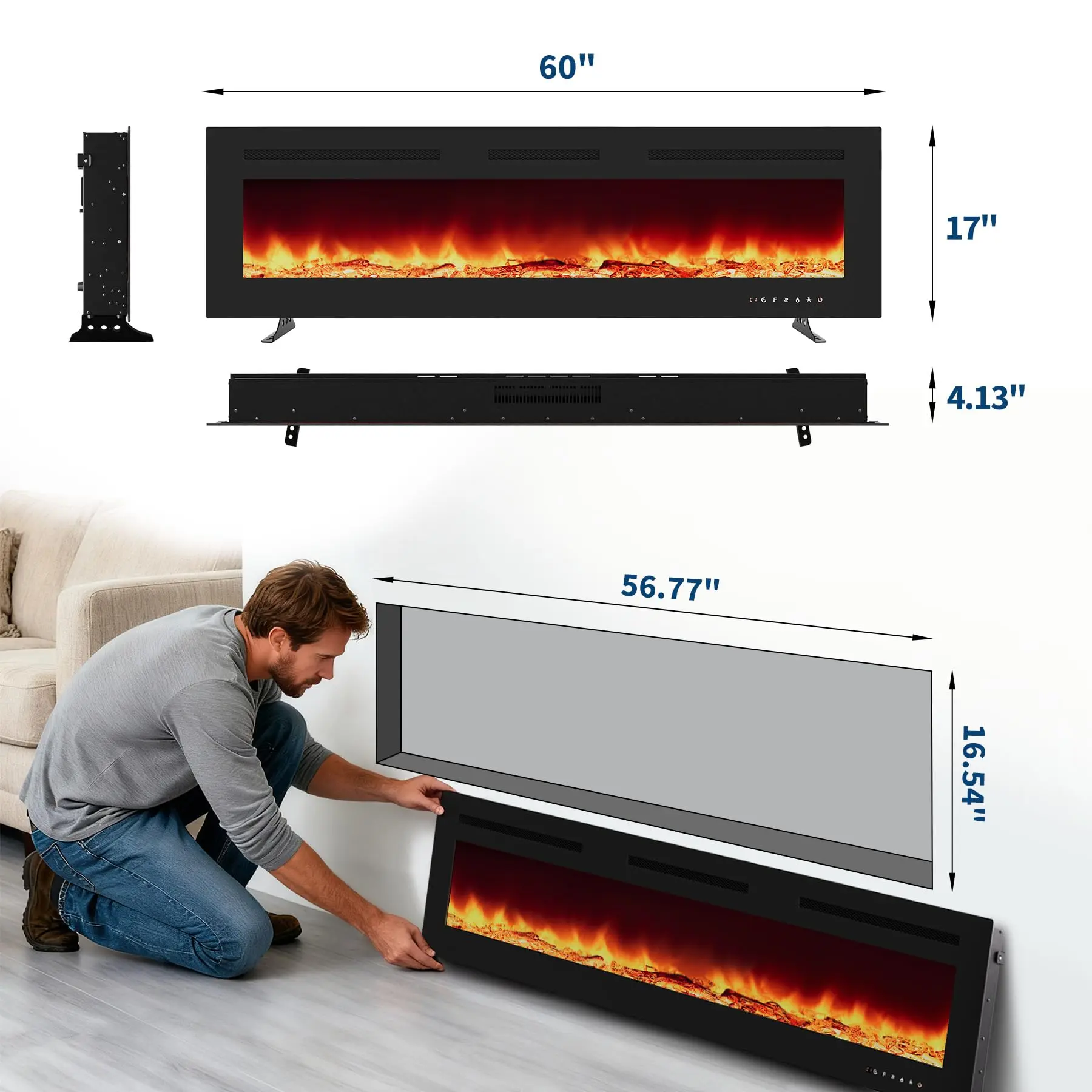 【Christmas Gift】60 Inch Electric Fireplace Inserts - 1500/750W Ultra Narrow Frame Wall Mounted Fireplaces with 3 Heating Modes - 12 Flame Colors, Remote Control/Timer, Touch Screen, Low Noise