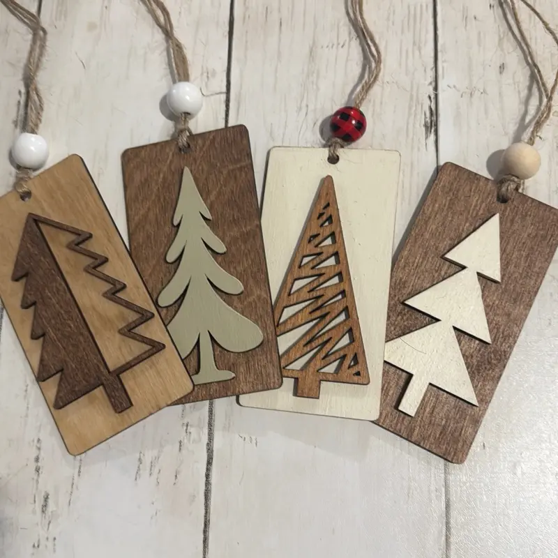 Rustic Farmhouse Christmas Tree Ornaments Variety Pack Laser Cut Hand Painted Wooden Decorations for Holiday Decor & Gift