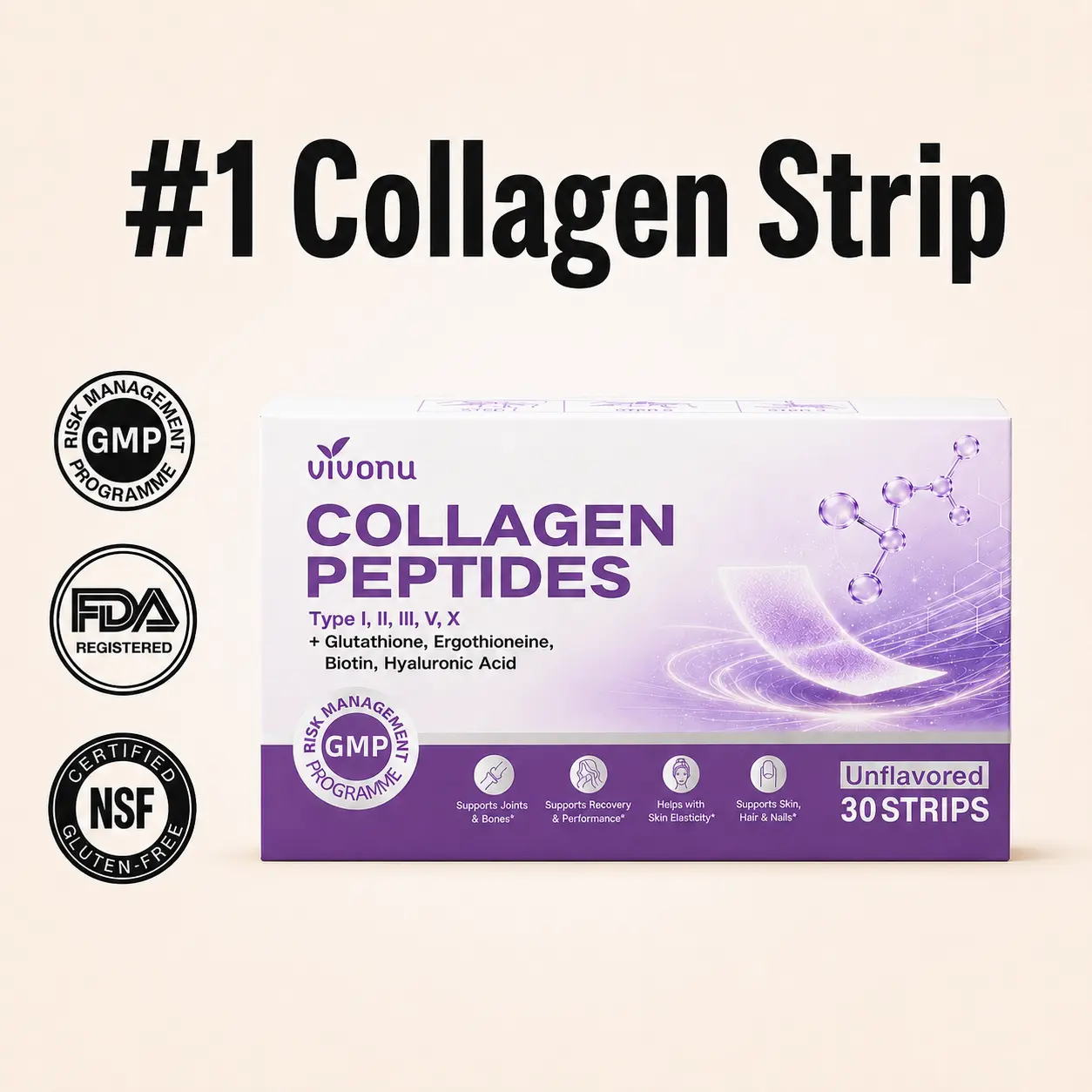 Vivonu Collagen Peptides Oral Dissolving Strips – Multi Collagen Types I, II, III, V & X with Biotin, Hyaluronic Acid & Glutathione, Unflavored, 30 Strips