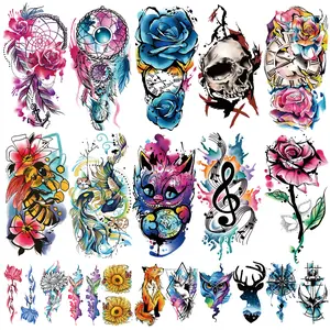 77 PCS Tattoo Stickers Waterproof Temporary Tattoo Large Half Arm Skull Clock Bee Rose Fake Tattoo Suitable for Men or Women Owl Butterfly Sunflower Tattoo Stickers