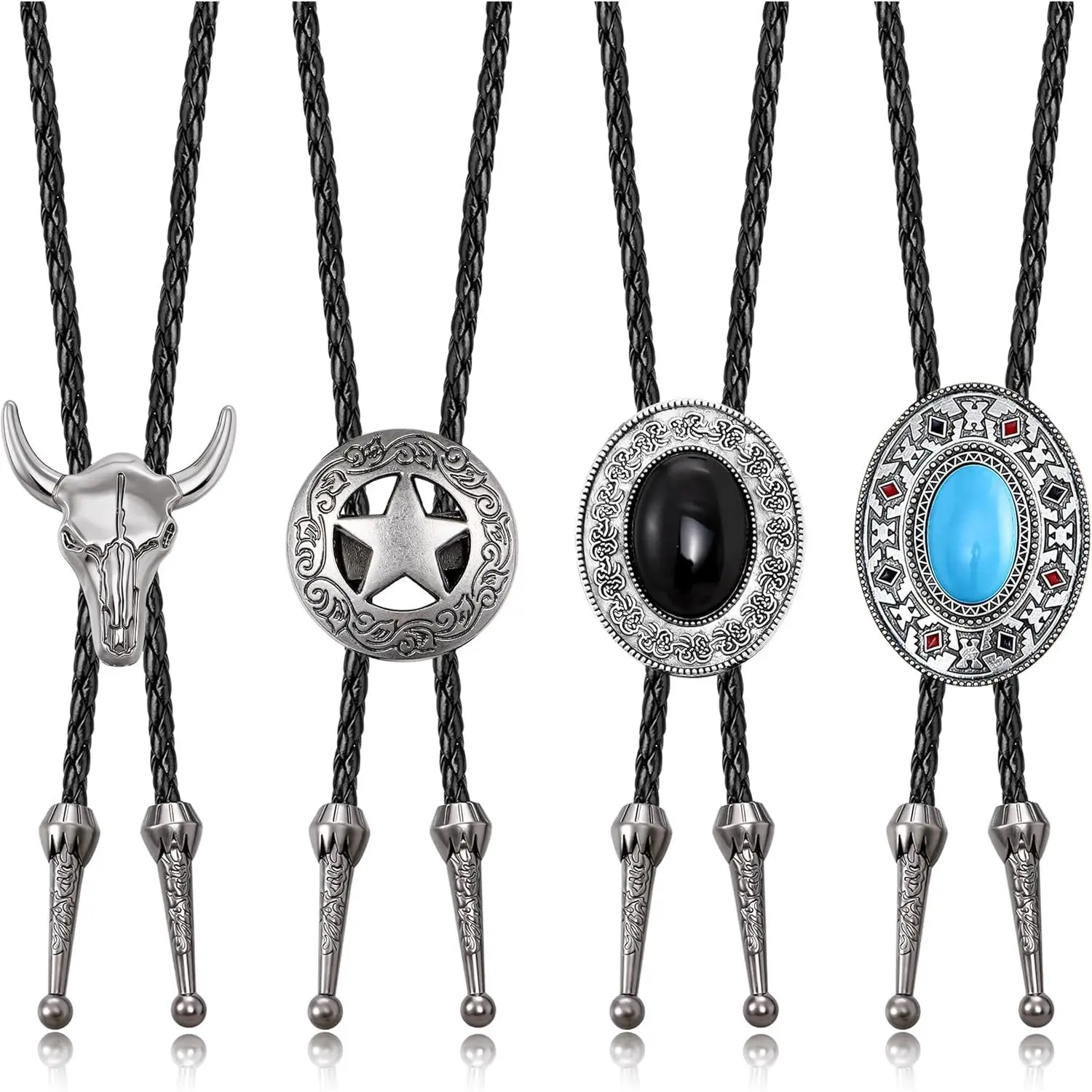 4Pcs Handmade Bolo Tie for Men Western Cowboy Leather Rope Necktie Vintage Costume Accessories Gift for Women Men