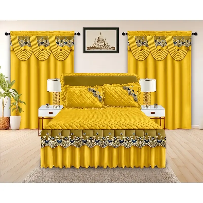 5 Pieces Bedroom Set with 2 Curtains 1 Sheet & 2 Pillowcases in Vibrant Yellow Color for Home Decor