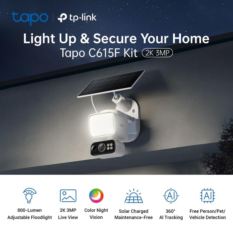 TP-Link & Tapo C615F Kit Solar Dimmable Floodlight 360° Pan/Tilt Security Camera Kit,2K 3MP  360° AI Tracking  Outdoor Wireless w/Solar Panel  Free Person/Vehicle Detection  Hack-Proof Security | Alexa & Google Home