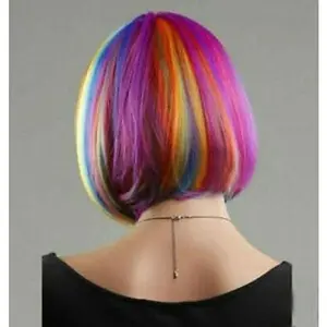 Short bodyy synthetic wig Anime Rainbow Wig Colorful Student Bob Head Short Hair Straight Bangs Bobhaircut High-Temperature Fiber Head Cover