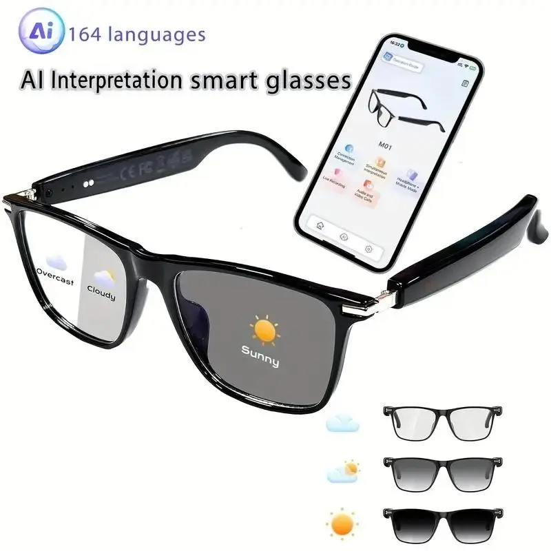 AI Interpretation Wearable Smart Glasses with 160-Language Chat GPT, HD Voice Calls, HIFI Music, Hands-Free Calling, Color-Changing Lenses, Waterproof, Multifunction Touch Keys, Flexible Hinges for Riding, Driving (Men, Women)
